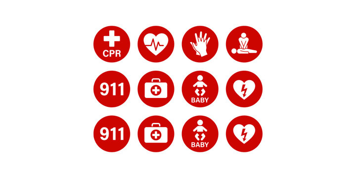Red circular icon set featuring emergency medical services cpr and infant aid symbols for healthcare education.