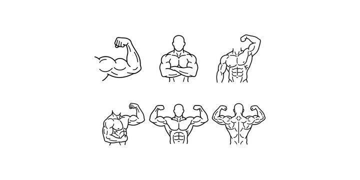 Bodybuilding silhouette line icons featuring muscular male poses for fitness coaching and gym workout branding.