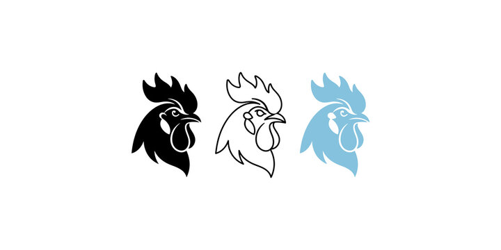 Three stylized rooster head icons presented in black line art and blue colors for agricultural or poultry branding.