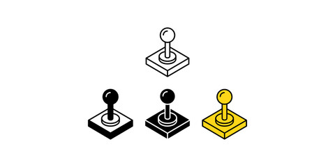 Joystick gaming icon set with yellow outline black solid and isometric styles for retro video game console design. © Akash