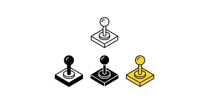 Joystick gaming icon set with yellow outline black solid and isometric styles for retro video game console design.