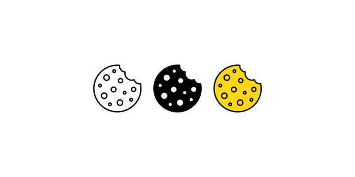 Bitten cookie icon set featuring yellow outline black solid and colored flat styles for bakery design marketing web.