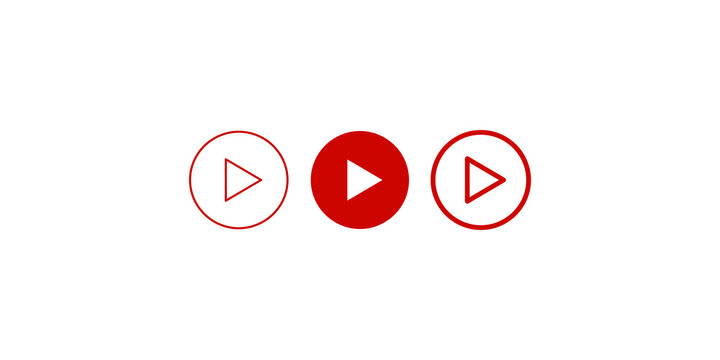 Three play button icons featuring red outlined and solid circle designs perfect for digital video interface graphics.