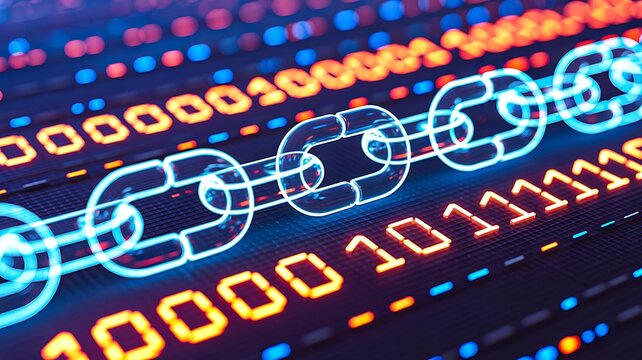 Digital blockchain network with glowing chain links and binary code representing cybersecurity and data encryption