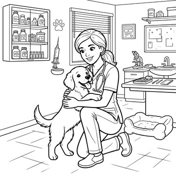 Coloring page of veterinarian hugging a dog in veterinary clinic
