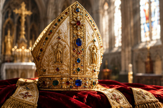 Ornate golden bishop's mitre with gemstones on velvet in cathedral light.