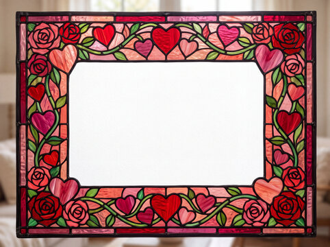 Stained glass Valentine frame with hearts roses and vines in pink glow