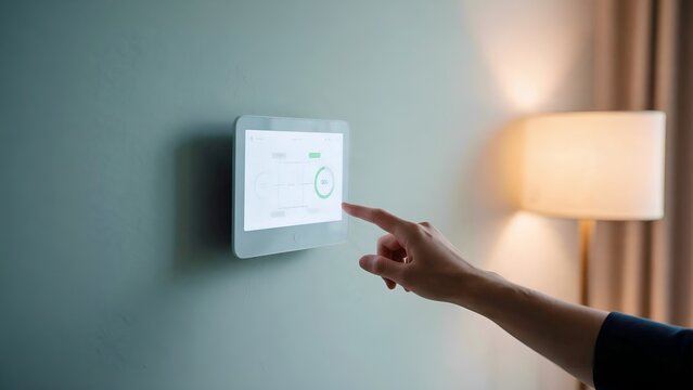 Person adjusting settings on a wall mounted smart home control panel.