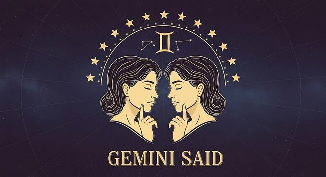 Gemini zodiac sign illustration with twin women faces and golden