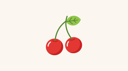 Obraz premium Vibrant red cherry fruit illustration with green leaf on neutral background simple flat design icon for healthy eating food concept