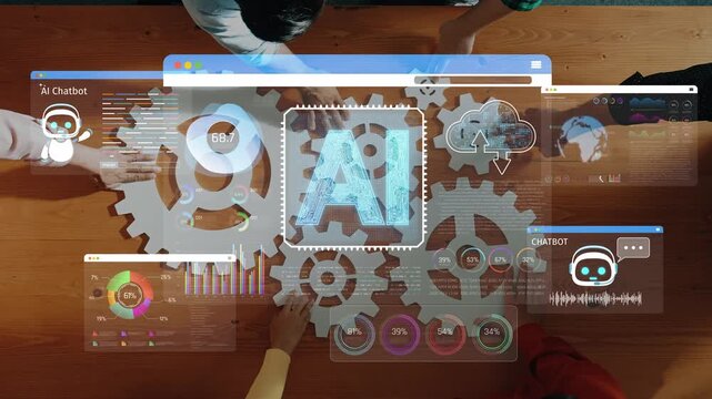 Modern Workspace Scene with AI Chatbot Interface Visualization Featuring Diverse Team Collaboration Over a Wooden Table Sigmoid