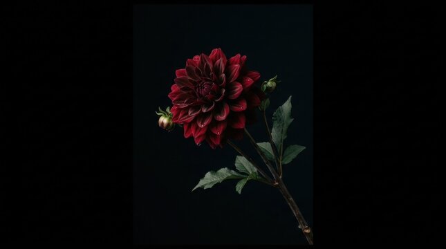 100. Dark fine art still life featuring a dahlia flower branch against a pitch black backdrop, shot on Sony A7 IV, 50mm macro, f/2.0, single dramatic soft key light --ar 4:5