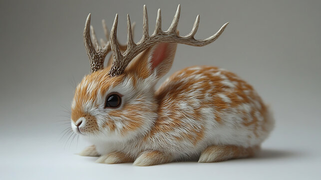 A vibrant jackalope, its rabbit body adorned with antelope antlers, posed against a clean white background under professional studio lighting 