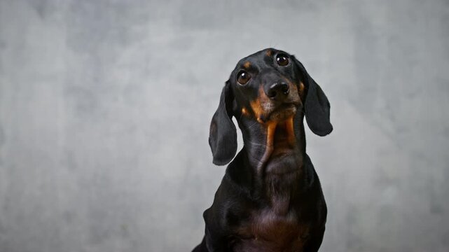 A black and tan dachshund dog sits and gazes upward with big brown eyes and drooping ears, waiting for a treat in front of a textured gray concrete wall, with open space beside it for text.