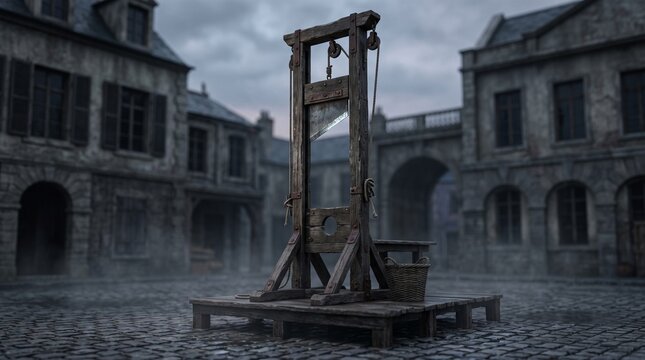 wooden guillotine in an open courtyard under an overcast sky