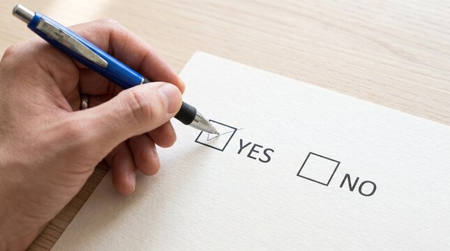 a hand holding a blue ballpoint pen over two square checkboxes printed on white paper, choices
