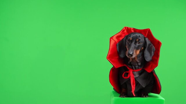 A black and tan dachshund dog wearing a red collared cloak and black cape sits calmly on a block against a green screen, ready for costume party advertising with free space for text.