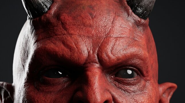 front-facing photo of a realistic red-skinned demon, only the upper portion of the head is visible