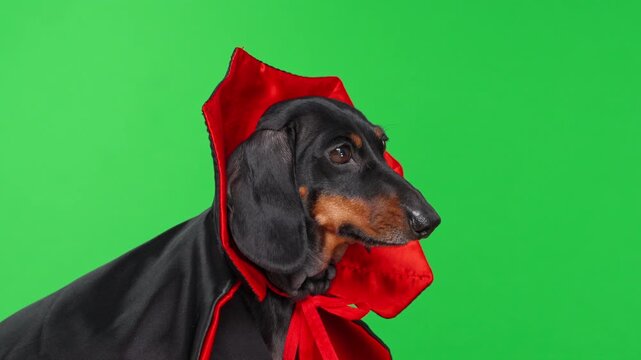 A black and tan dachshund dog wearing a black and red hooded cloak turns its head slowly against a green screen with copy space, ready for any spooky scene composite.