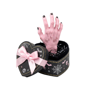 Photo-realistic Halloween Horror: Zombie Hand Pops from Spooky Heart Gift Box with Pink Bow and Decorations