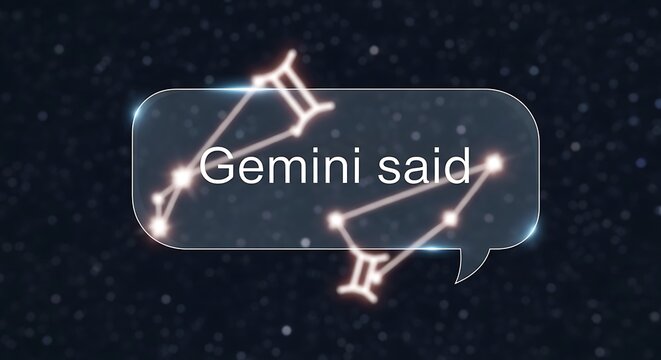 Gemini zodiac sign constellation glowing in a speech bubble against a