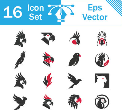 Set of 16 parrot and cockatoo flat vector logo icons with icon set