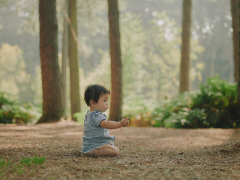 Baby girl in a blue dress sitting on the forest floor in profile among pine trees