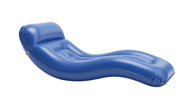 Blue inflatable pool lounger, ergonomic contoured air mattress for summer relaxation, floating water bed for swimming pool isolated on white