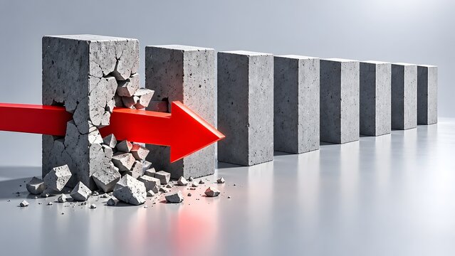 Powerful red arrow breaking horizontally through a series of concrete barriers representing aggressive corporate disruption and unstoppable momentum