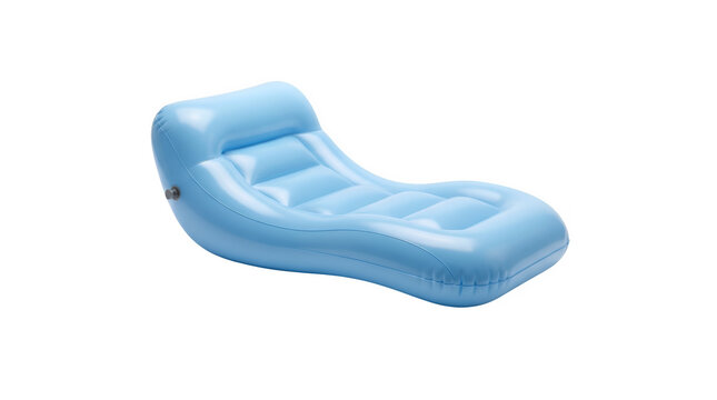 Inflatable blue pool float lounge chair, ergonomic air mattress for summer relaxation, comfortable floating water bed isolated on white background
