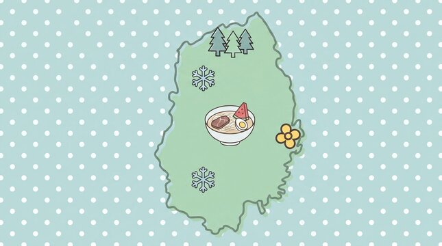 Cute illustrated map of Iwate Japan with Morioka reimen cold noodles and polka dot background