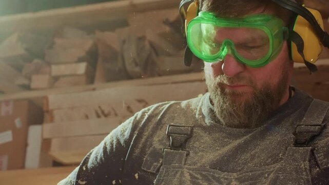 Man working as joiner or carpenter wears safety goggles and ear protection while surrounded by woodworking tools and lumber. Sawdust particles float in workshop air indicating active