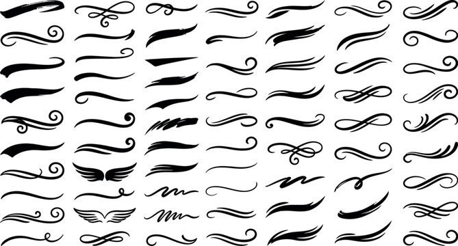Vintage calligraphic swooshes and tail swashes vector set, decorative typography dividers, black underline swoops collection for typography design