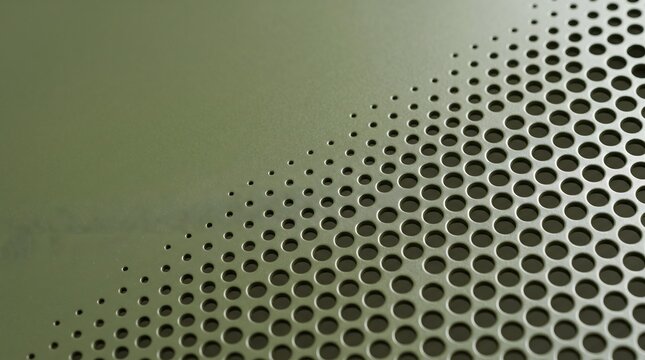 Perforated metal sheet shows halftone pattern, Circular holes fade across olive surface, Industrial texture conveys order rhythm, Geometric gradient creates abstract depth