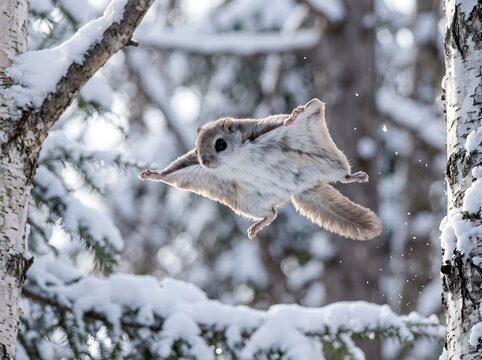 A small flying squirrel glides gracefully through a snowy winter forest between birch trees.