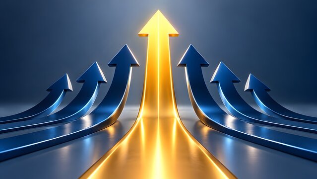 Dynamic glowing golden arrow accelerating past blue arrows symbolizing high speed market dominance and outstanding corporate achievement