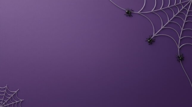Ornate spider webs with small black spiders on a deep purple backdrop for halloween branding