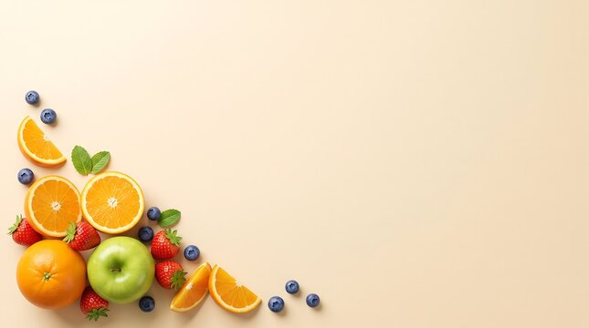 Assorted fresh citrus fruits and blueberries arranged as a corner border on light surface
