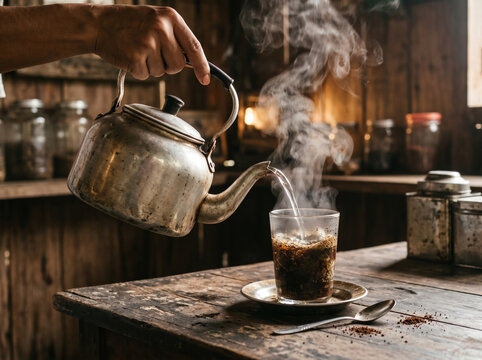 hands pouring hot water to indonesian kopi tubruk in glass, coffee smoke detail, rustic cafe background