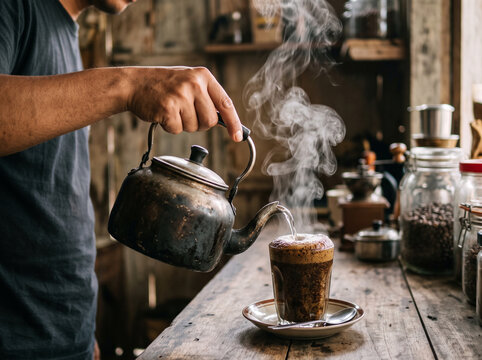 traditional indonesian coffee tubruk making process in traditional rustic kitchen cafe