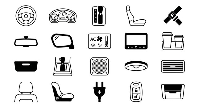 Automotive interior and car parts minimalist line icons.