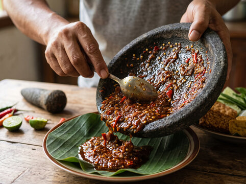 preparing indonesian sambal in the kitchen, authentic sambal terasi in cobek