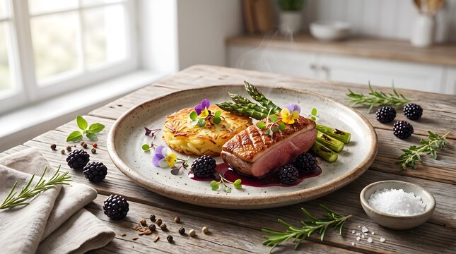 Seared duck breast with blackberry sauce, potato rosti and grilled asparagus on rustic wooden table