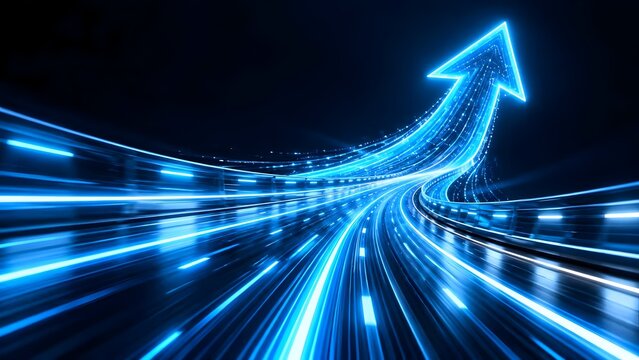 High-speed digital growth concept showing a glowing blue neon arrow pointing upwards on a fast-moving light trail highway representing data transfer, financial success, and business progress.