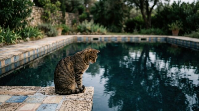 39. Tabby cat sitting at the edge of a tiled outdoor swimming pool looking into dark water, shot on Sony A7 IV, 50mm lens, f/2.0, late afternoon shade, clear aquatic tones --ar 4:5