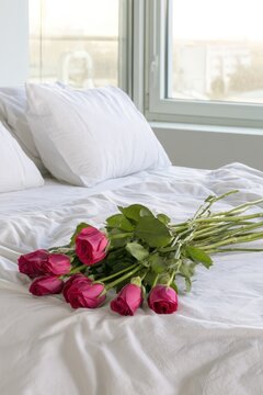 Pink roses on a white rumpled bed near a window