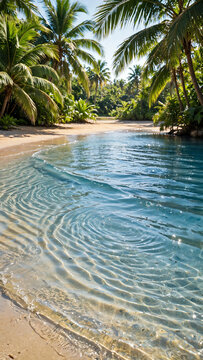 Gentle Waves Create Beautiful Ripples on a Crystal Clear Shoreline, Framed by Lush Green Palm Trees Under Bright Sunlight, Inviting You to Relax and Unwind