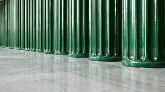 Green fluted columns repeating perspective, Polished marble floor reflection, Elegant classical colonnade architecture, Rhythmic symmetry vanishing point