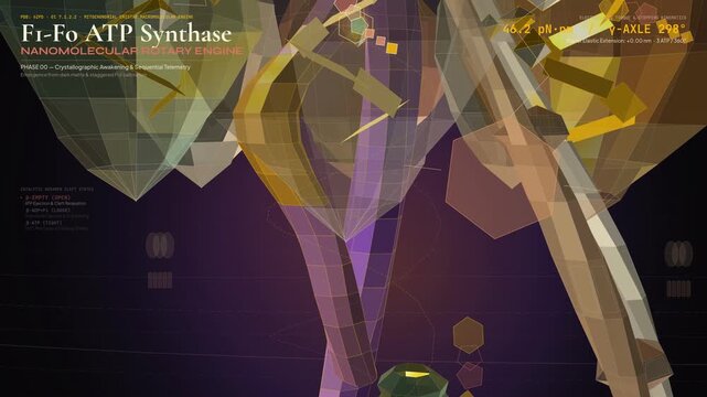 Educational animation of the F1-F0 ATP Synthase nanomolecular rotary engine showcasing cellular energy production phases, torque, and ATP yield with detailed HUD telemetry overlays