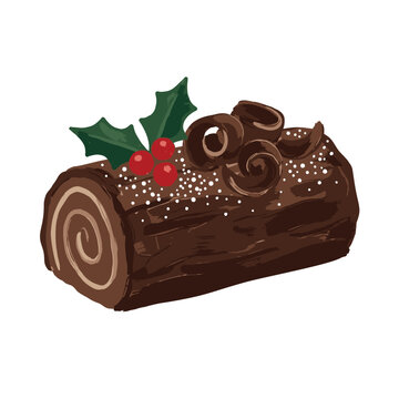 Delicious Chocolate Yule Log Cake with Holly Decoration.